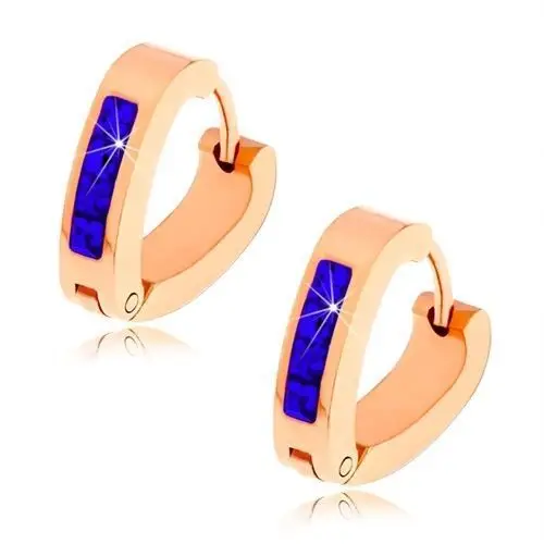 Biżuteria e-shop Stalowe kolczyki miedzianego koloru, kształt "v", pas ciemnoniebieskich cyrkonii