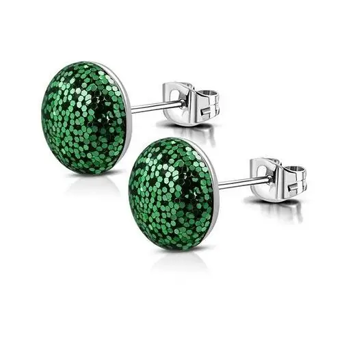 Stalowe kolczyki - okrąg z brokatem w kolorze zielonym, zapięcie na sztyft Biżuteria e-shop