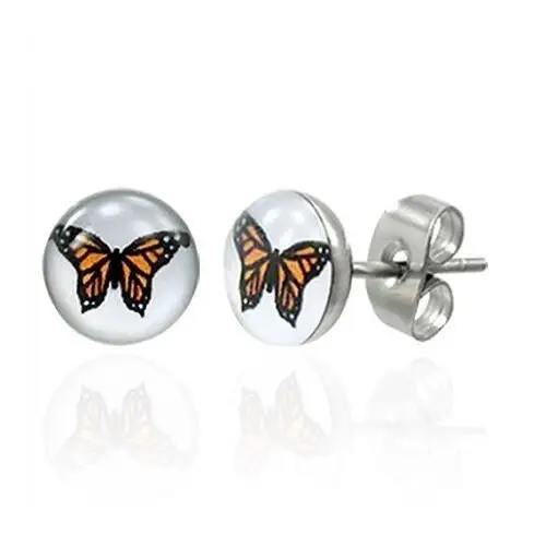 Stalowe kolczyki, pomarańczowy motyl Biżuteria e-shop