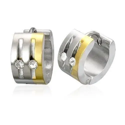Stalowe kolczyki srebrnego i złotego koloru, przezroczyste cyrkonie, pionowe nacięcia Biżuteria e-shop