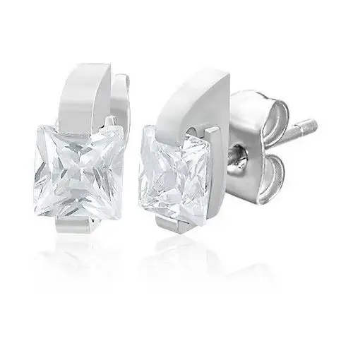Stalowe kolczyki srebrnego koloru - bezbarwna cyrkonia w prostokącie Biżuteria e-shop