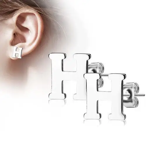 Biżuteria e-shop Stalowe kolczyki srebrnego koloru - duża litera h, wysoki połysk