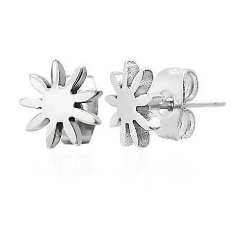 Stalowe kolczyki srebrnego koloru - lśniący kwiatek, wkręty