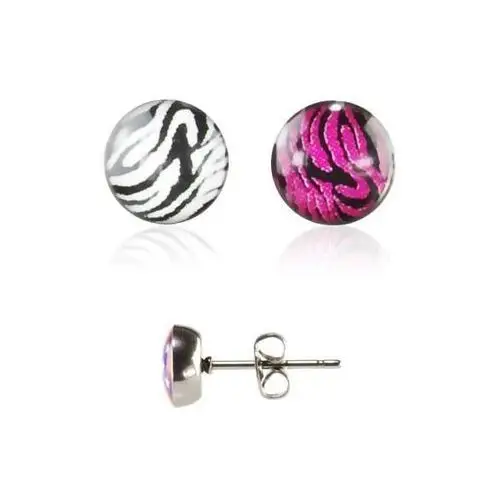 Biżuteria e-shop Stalowe kolczyki srebrnego koloru, wzór zeberka, przezroczysta emalia, wkręty - kolor: różowo - czarny