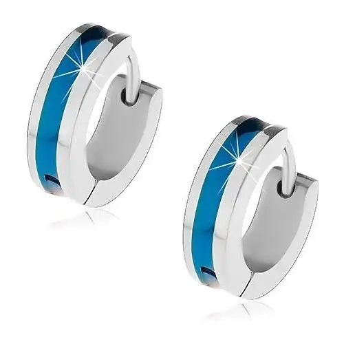 Stalowe kolczyki srebrnego koloru z niebieskim pasem pośrodku Biżuteria e-shop