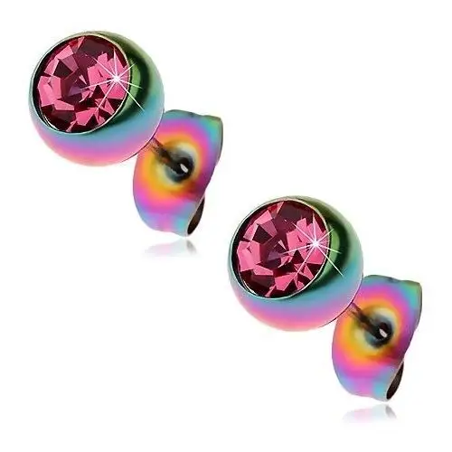 Stalowe kolczyki, tęczowe kuleczki z różową cyrkonią, 7 mm Biżuteria e-shop