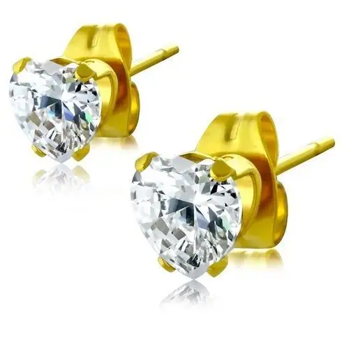 Stalowe kolczyki w złotym kolorze - przezroczyste szlifowane cyrkoniowe serce Biżuteria e-shop