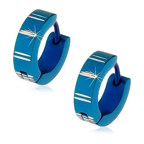 Biżuteria e-shop Stalowe kolczyki z kajdankowym zapięciem, niebieskie krążki z nacięciami