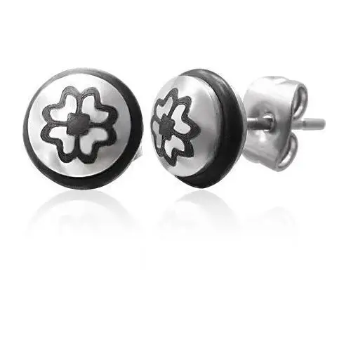 Stalowe kolczyki z symbolem czterolistnej koniczynki z czarną gumeczką Biżuteria e-shop