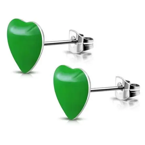 Biżuteria e-shop Stalowe kolczyki z zielonymi serduszkami i sztyftami