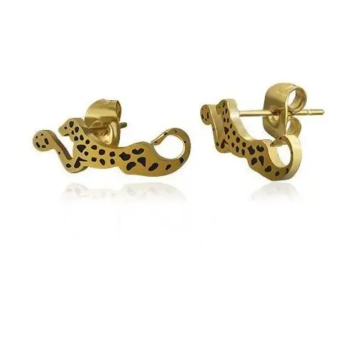 Stalowe kolczyki złotego koloru - leżący leopard z czarnymi łatkami, AA04.23