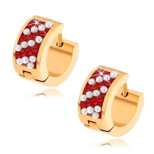 Biżuteria e-shop Stalowe kolczyki złotego koloru, rubinowo czerwone cyrkonie, białe kuleczki