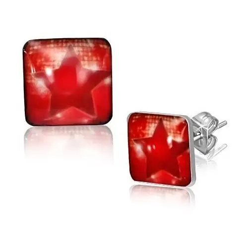 Stalowe kwadratowe kolczyki - czerwona gwiazda Biżuteria e-shop