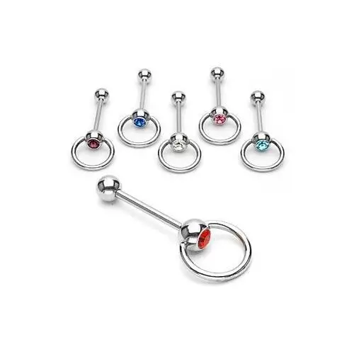 Stalowy 316l piercing do języka - lśniąca sztanga z kółeczkiem, wykończona cyrkonią w oprawie - kolor cyrkoni: różowy - p Biżuteria e-shop