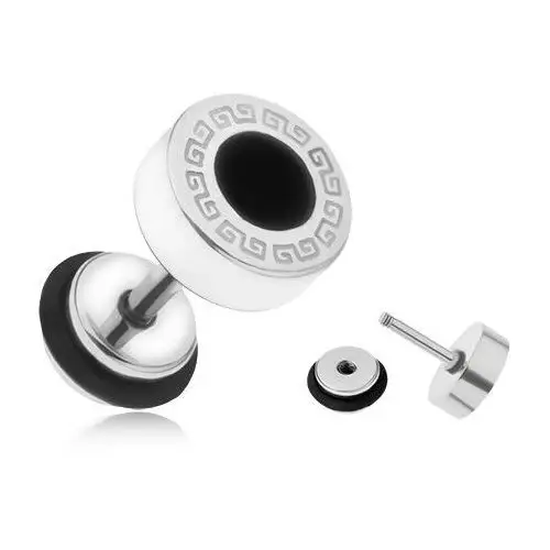 Biżuteria e-shop Stalowy fake plug do ucha, klucz grecki, czarne emaliowane koło, 8 mm