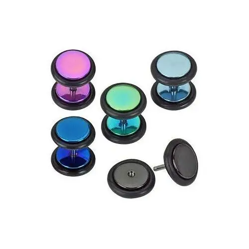 Stalowy fake plug do ucha, lśniące kolorowe koła z gumkami, anodowane - kolor kolczyka: czarny Biżuteria e-shop