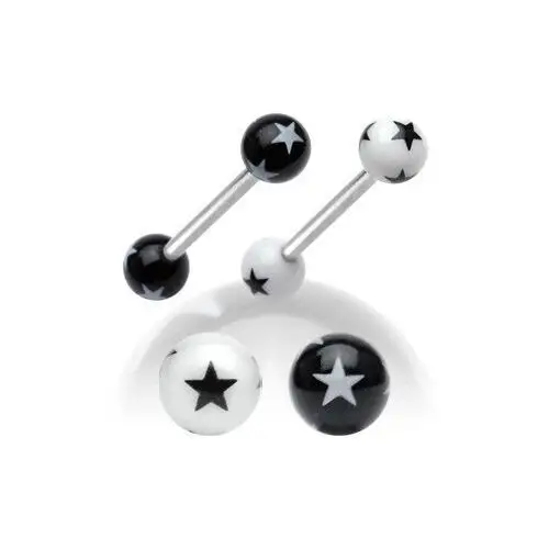 Biżuteria e-shop Stalowy kolczyk do języka, czarno-białe akrylowe kuleczki z gwiazdkami - kolor kolczyka: biały - czarny