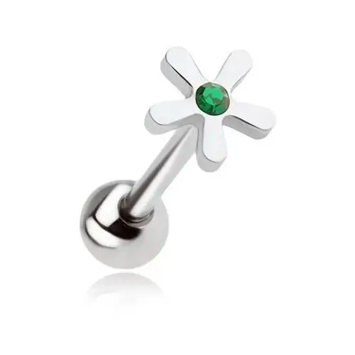 Stalowy kolczyk do języka, kwiat z zieloną cyrkonią Biżuteria e-shop