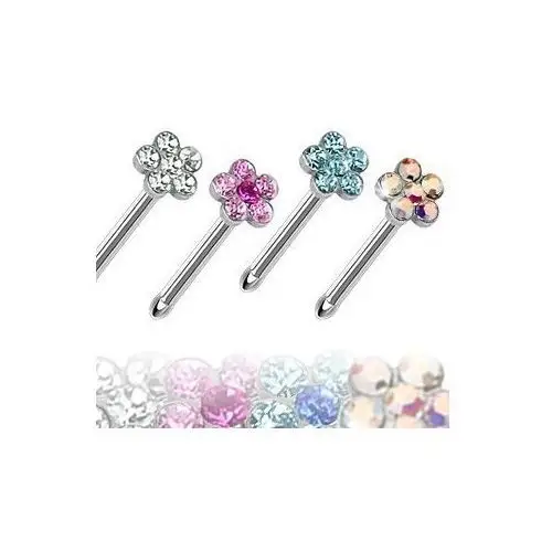 Stalowy kolczyk do nosa, prosty, kolorowy kwiatek z cyrkonii - kolor cyrkoni: różowy - p Biżuteria e-shop
