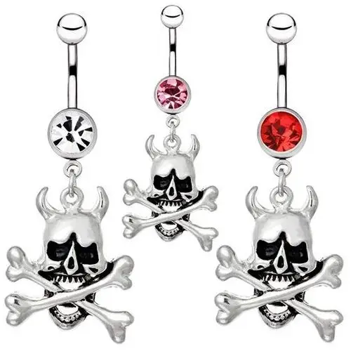 Stalowy kolczyk do pępka - czaszka diabła z kośćmi oraz cyrkonią - kolor cyrkoni: różowy - p Biżuteria e-shop