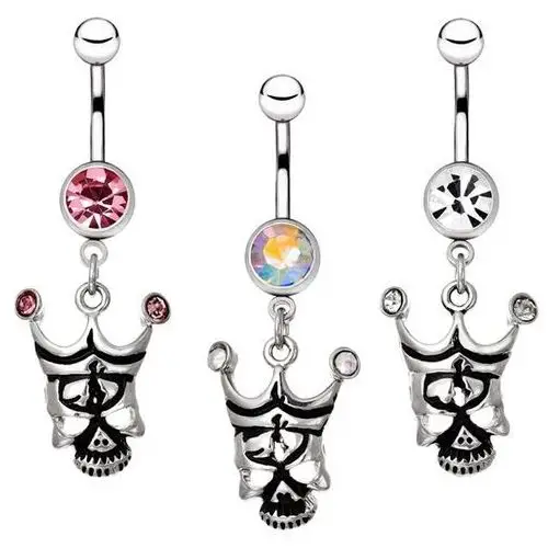 Stalowy kolczyk do pępka - czaszka z koroną i cyrkoniami - kolor cyrkoni: różowy - p Biżuteria e-shop