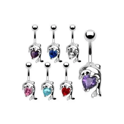Biżuteria e-shop Stalowy kolczyk do pępka - delfin i cyrkoniowe serce - kolor cyrkoni: różowy - p