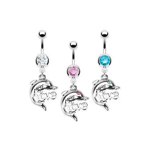 Biżuteria e-shop Stalowy kolczyk do pępka - delfin, love - kolor cyrkoni: przeźroczysty - c