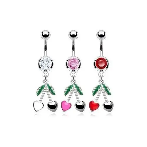 Biżuteria e-shop Stalowy kolczyk do pępka - kolorowa cyrkonia, serduszkowe wisienki - kolor cyrkoni: różowy - p