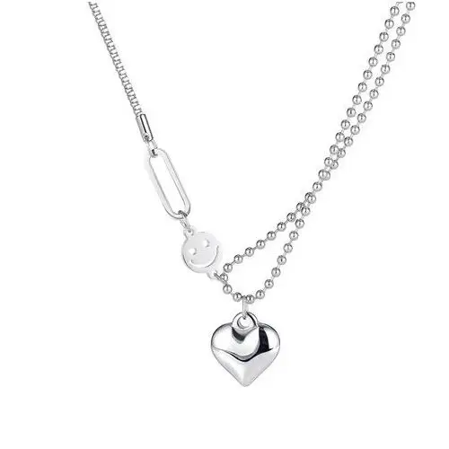 Biżuteria e-shop Stalowy naszyjnik w srebrnym kolorze - szerokie serce i uśmiechnięta buźka, łańcuszek wojskowy