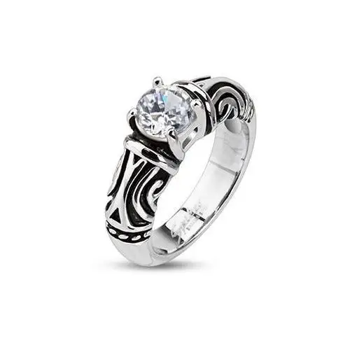 Stalowy, ozdobny, patynowany pierścień z cyrkonią - rozmiar: 52 Biżuteria e-shop