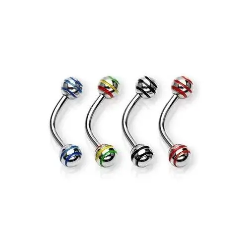 Biżuteria e-shop Stalowy piercing do brwi - lśniąca kuleczka z trzema paskami - wymiary: 1,2 mm x 8 mm x 4 mm, kolor cyrkoni: czerwony - r
