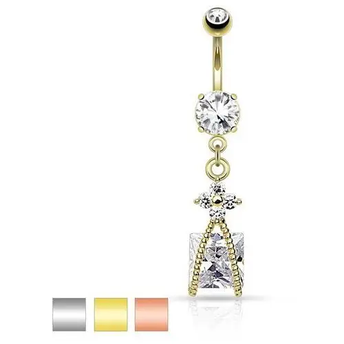 Stalowy piercing do brzucha, błyszczący kwiatek bezbarwnego koloru, cyrkoniowy kwadrat - kolor kolczyka: srebrna - bezbarwna Biżuteria e-shop