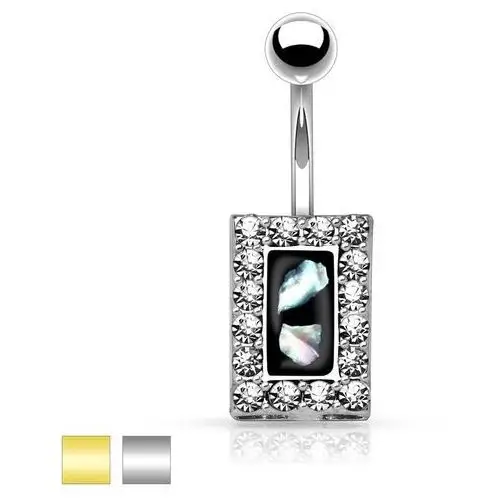 Stalowy piercing do brzucha, czarny prostokąt z kawałkami perły, cyrkoniowa oprawa - kolor kolczyka: złoty Biżuteria e-shop