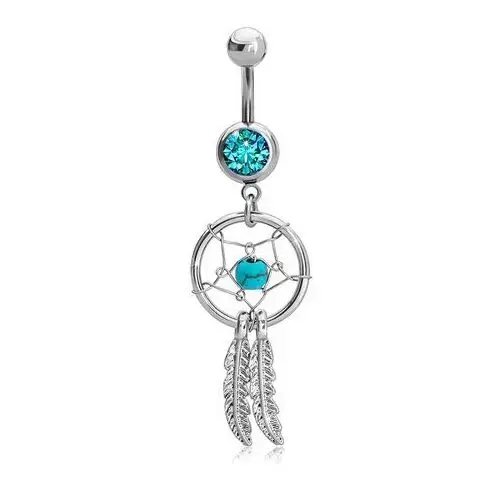 Biżuteria e-shop Stalowy piercing do brzucha, łapacz snów - pentagram, piórka, niebieska cyrkonia, naturalny turkus