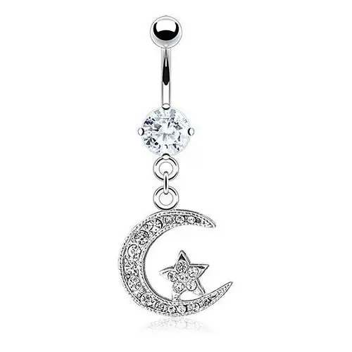 Biżuteria e-shop Stalowy piercing do brzucha, sierp księżyca i gwiazda, przezroczyste cyrkonie