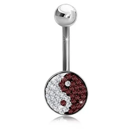 Stalowy piercing do brzucha, symbol yin yang, bezbarwne i ciemnoczerwone cyrkonie Biżuteria e-shop
