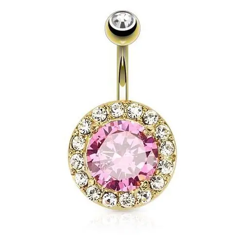 Stalowy piercing do brzucha, złoty kolor, okrągła różowa cyrkonia, przezroczysta obwódka Biżuteria e-shop
