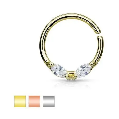 Biżuteria e-shop Stalowy piercing do nosa, krążek, dwie bezbarwne ziarnkowe cyrkonie, różne kolory - kolor: złoty