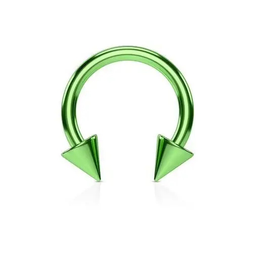 Biżuteria e-shop Stalowy piercing do nosa - podkowa w kolorze zielonym wykończona kolcami, powierzchnia tytanowa - wymiary: 1,2 mm x 8 mm x 3x3 mm
