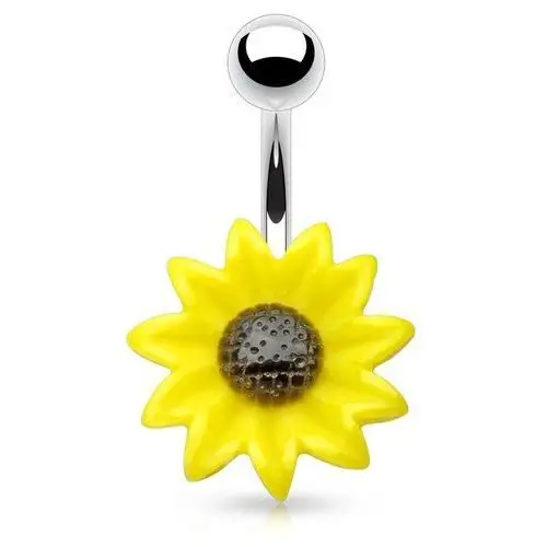 Biżuteria e-shop Stalowy piercing do pępka, akrylowy żółto-czarny kwiat słonecznika