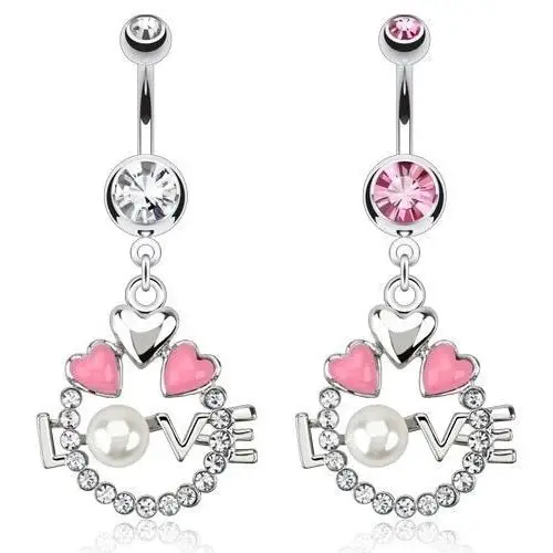 Stalowy piercing do pępka - kółko, serca, napis love z perłą - kolor cyrkoni: przeźroczysty - c Biżuteria e-shop