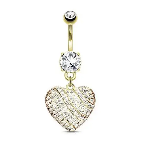 Stalowy piercing do pępka, lśniące serce wyłożone bezbarwnymi cyrkoniami Biżuteria e-shop