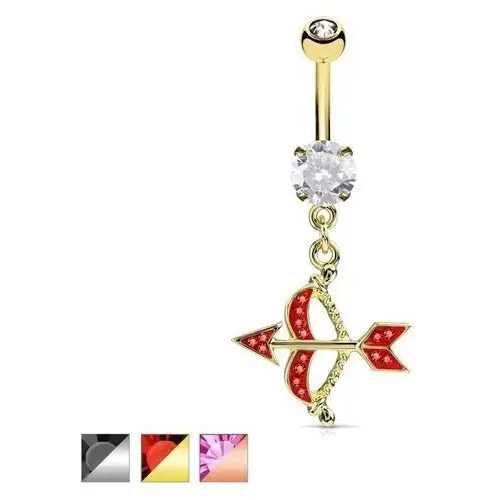 Stalowy piercing do pępka, łuk i strzała ozdobione barwnymi cyrkoniami - kolor kolczyka: złoty Biżuteria e-shop