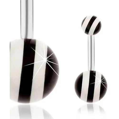 Stalowy piercing do pępka, srebrny kolor, lśniące czarno-białe kuleczki Biżuteria e-shop