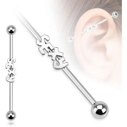 Stalowy piercing do ucha - sztanga z napisem SEXY i kulkami