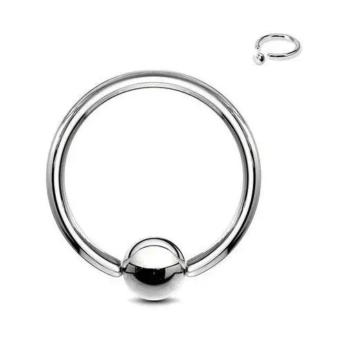 Biżuteria e-shop Stalowy piercing - kółko z kuleczką srebrnego koloru, grubość 1 mm - grubość x średnica x rozmiar kulki: 1 mm x 12 mm x 4 mm