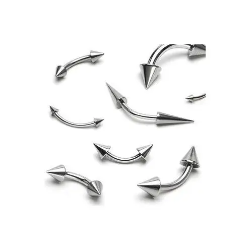 Biżuteria e-shop Stalowy piercing srebrnego koloru, zagięty, zakończony dwoma stożkami - wymiary: 1,6 mm x 8 mm x 4x4 mm