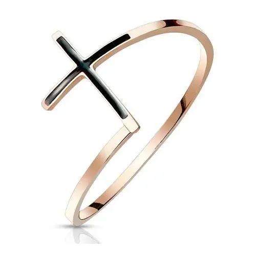 Biżuteria e-shop Stalowy pierścień 316l w kolorze miedzi - krzyż z czarną emalią, wąskie ramiona - rozmiar: 51
