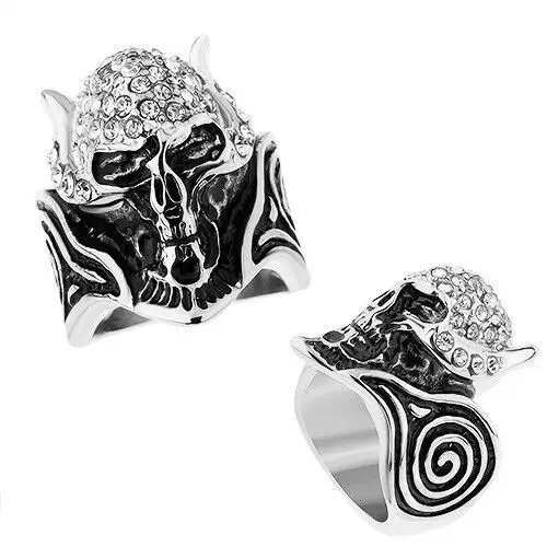 Biżuteria e-shop Stalowy pierścień, czaszka z rogami wyłożona bezbarwnymi cyrkoniami, spirale pokryte patyną - rozmiar: 64