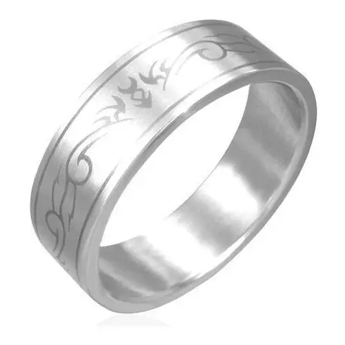 Biżuteria e-shop Stalowy pierścień - matowa powierzchnia, motyw plemienny - rozmiar: 59